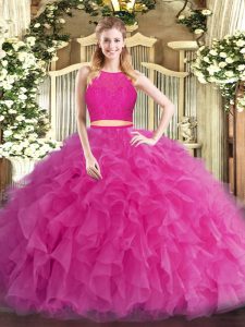 Hot Pink Sleeveless Ruffles Floor Length Sweet 16 Dresses