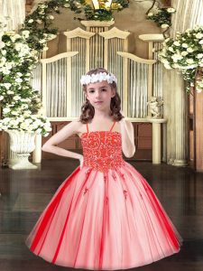 Simple Spaghetti Straps Sleeveless Tulle Little Girl Pageant Dress Beading Lace Up