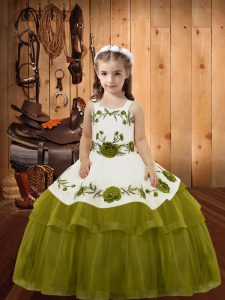 Floor Length Olive Green Little Girl Pageant Dress Organza Sleeveless Embroidery and Ruffled Layers