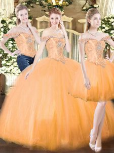 Fancy Beading and Ruffles Vestidos de Quinceanera Orange Red Lace Up Sleeveless Floor Length