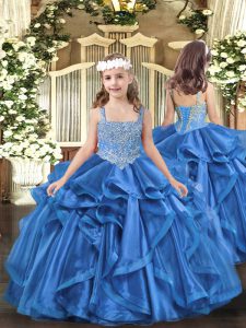 Hot Selling Organza Straps Sleeveless Lace Up Beading and Ruffles Little Girl Pageant Dress in Baby Blue