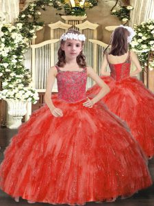Straps Sleeveless Pageant Dress for Girls Floor Length Beading and Ruffles Coral Red Organza