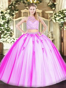 Beading Quinceanera Gown Rose Pink Zipper Sleeveless Floor Length