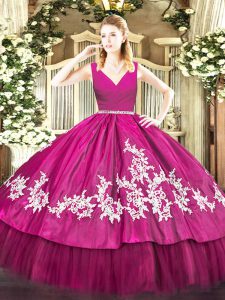 Spectacular Ball Gowns Vestidos de Quinceanera Fuchsia V-neck Satin and Tulle Sleeveless Floor Length Zipper