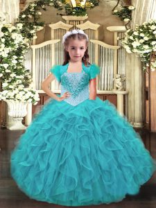 Perfect Aqua Blue Pageant Dress for Womens Party and Sweet 16 and Quinceanera and Wedding Party with Ruffles Straps Sleeveless Lace Up
