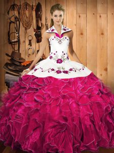 Elegant Ball Gowns Sweet 16 Dresses Fuchsia Halter Top Satin and Organza Sleeveless Floor Length Lace Up