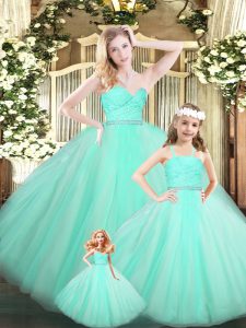 Sweet Apple Green Ball Gowns Organza Sweetheart Sleeveless Beading and Lace Floor Length Lace Up Quince Ball Gowns