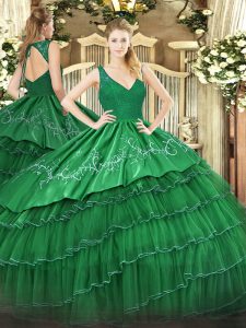 Sleeveless Satin and Tulle Floor Length Zipper Vestidos de Quinceanera in Green with Beading and Embroidery and Ruffled Layers
