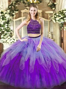 Edgy Halter Top Sleeveless Tulle Quinceanera Dress Beading and Ruffles Lace Up