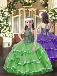 Green Organza Lace Up Child Pageant Dress Sleeveless Floor Length Beading and Ruffled Layers