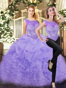 High Class Floor Length Lavender Sweet 16 Dress Organza Sleeveless Beading and Ruffles