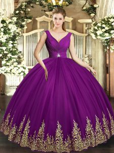 Cute Floor Length Eggplant Purple Quinceanera Dress Tulle Sleeveless Beading and Appliques and Ruching