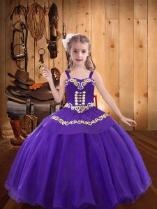 Straps Sleeveless Little Girl Pageant Dress Floor Length Embroidery Eggplant Purple Organza