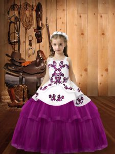 Lovely Sleeveless Tulle Floor Length Lace Up Glitz Pageant Dress in Purple with Embroidery