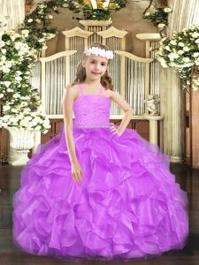Lovely Lavender Ball Gowns Beading and Lace and Ruffles Little Girls Pageant Gowns Zipper Organza Sleeveless Floor Length