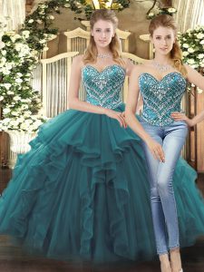 Teal Tulle Lace Up Sweet 16 Quinceanera Dress Sleeveless Floor Length Beading and Ruffles