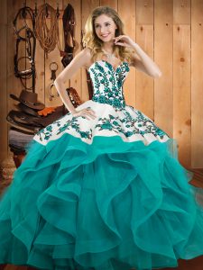 Vintage Teal Ball Gowns Satin and Organza Sweetheart Sleeveless Embroidery and Ruffles Floor Length Lace Up Quinceanera Dresses