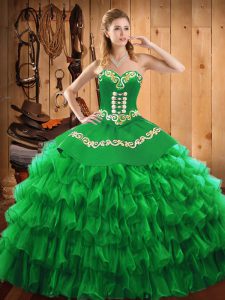 Sleeveless Satin and Organza Floor Length Lace Up 15th Birthday Dress in Green with Embroidery and Ruffled Layers