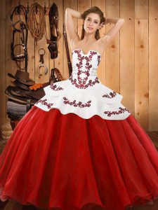 Trendy Red Strapless Neckline Embroidery Sweet 16 Quinceanera Dress Sleeveless Lace Up