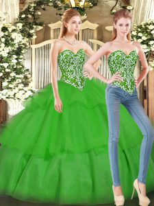 Hot Selling Green Tulle Lace Up Sweetheart Sleeveless Floor Length 15th Birthday Dress Beading and Ruffled Layers