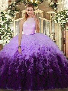 High-neck Sleeveless Tulle Ball Gown Prom Dress Ruffles Backless