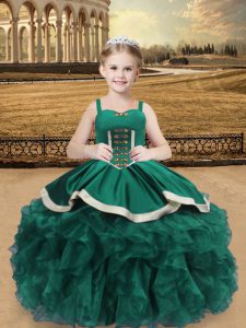 Turquoise Ball Gowns Organza Straps Sleeveless Beading and Ruffles Floor Length Lace Up Little Girls Pageant Gowns