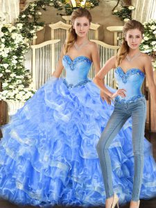 Luxury Baby Blue and Light Blue Lace Up Sweetheart Beading and Ruffles Quinceanera Dresses Organza Sleeveless