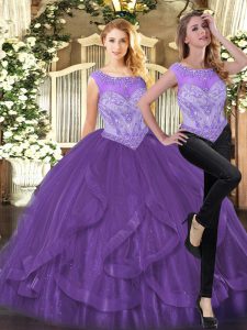 Organza Scoop Sleeveless Zipper Beading and Ruffles Ball Gown Prom Dress in Purple