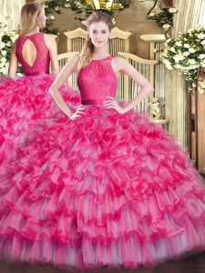 Hot Selling Lace and Ruffled Layers Quinceanera Dress Hot Pink Zipper Sleeveless Floor Length