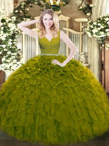 Fabulous Olive Green Ball Gowns Tulle V-neck Sleeveless Beading and Ruffles Floor Length Zipper Sweet 16 Dress