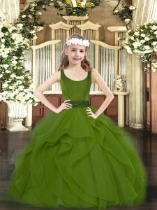 Olive Green Ball Gowns Scoop Sleeveless Tulle Floor Length Zipper Beading and Ruffles Glitz Pageant Dress