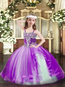 Glorious Sleeveless Tulle Floor Length Lace Up Pageant Gowns For Girls in Purple with Appliques