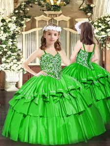 Green Organza Lace Up Straps Sleeveless Floor Length Girls Pageant Dresses Beading and Ruffled Layers