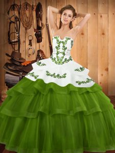 Olive Green Ball Gown Prom Dress Military Ball and Sweet 16 and Quinceanera with Embroidery and Ruffled Layers Strapless Sleeveless Sweep Train Lace Up