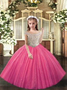 Hot Pink Tulle Lace Up Little Girls Pageant Dress Sleeveless Floor Length Beading