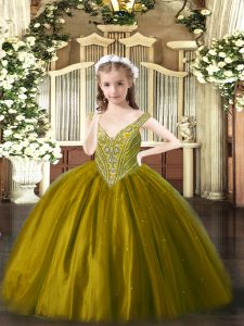 Popular V-neck Sleeveless Lace Up Pageant Dress for Girls Brown Tulle