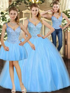 Cheap Baby Blue Tulle Lace Up Straps Sleeveless Floor Length Sweet 16 Quinceanera Dress Beading