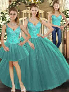Wonderful Turquoise Straps Lace Up Beading Sweet 16 Dresses Sleeveless