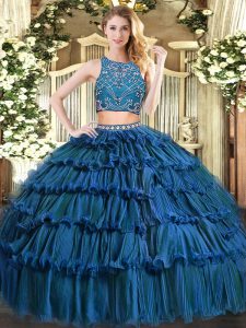 Elegant Sleeveless Tulle Floor Length Zipper Sweet 16 Dresses in Teal with Beading and Ruffled Layers