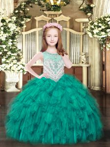 Turquoise Zipper Scoop Beading and Ruffles Evening Gowns Organza Sleeveless