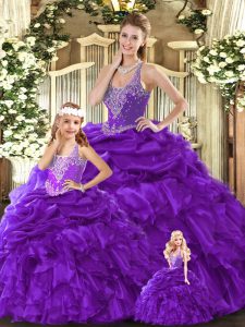 Purple Straps Lace Up Beading and Ruffles Vestidos de Quinceanera Sleeveless