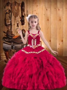 Straps Sleeveless Pageant Gowns For Girls Floor Length Embroidery and Ruffles Coral Red Organza