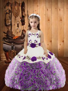 Multi-color Fabric With Rolling Flowers Lace Up Little Girls Pageant Gowns Sleeveless Floor Length Embroidery and Ruffles