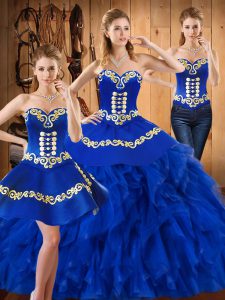 Customized Blue Satin and Organza Lace Up Sweetheart Sleeveless Floor Length Ball Gown Prom Dress Embroidery and Ruffles