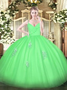 Deluxe Spaghetti Straps Sleeveless Tulle Quinceanera Gowns Appliques Zipper
