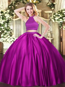 Attractive Fuchsia Ball Gowns Beading 15 Quinceanera Dress Backless Tulle Sleeveless Floor Length