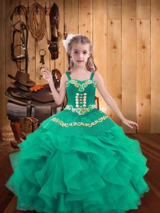 Turquoise Little Girls Pageant Dress Party and Sweet 16 and Quinceanera and Wedding Party with Embroidery and Ruffles Straps Sleeveless Lace Up