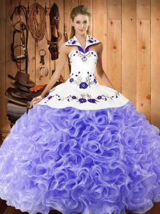 Traditional Ball Gowns Quince Ball Gowns Lavender Halter Top Fabric With Rolling Flowers Sleeveless Floor Length Lace Up