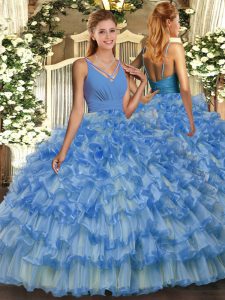 Suitable Blue Sleeveless Floor Length Beading and Ruffled Layers Backless Quinceanera Dresses