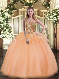 Captivating Floor Length Lace Up Ball Gown Prom Dress Peach for Military Ball and Sweet 16 and Quinceanera with Beading and Ruffles